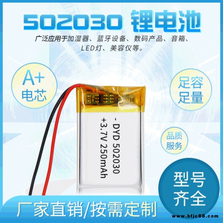 电云达  厂家直供502030-250mah聚合物锂电池3.7v LED灯美容仪锂电池定制