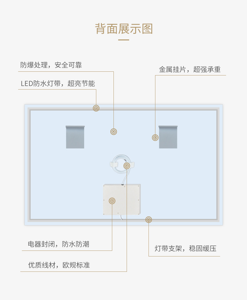 厂家直销洗脸台卫浴卫生间银镜壁挂式无框智能浴室镜子带led灯示例图19