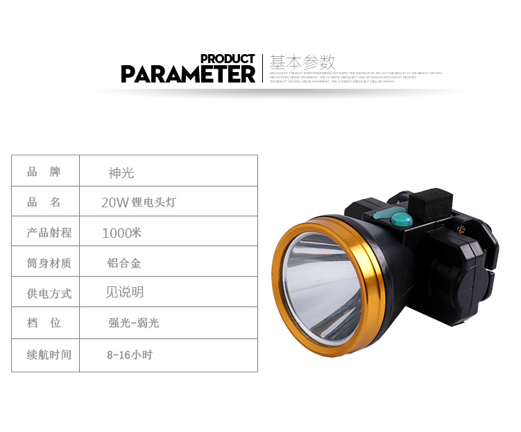 20W强光头灯充电超亮户外远射LED 头挂光 洞口矿灯手电筒示例图3