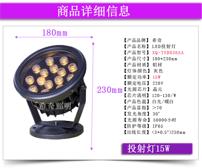 大功率led圆形投光灯圆形投射灯 室外灯防水广告 庭院泛光灯示例图14