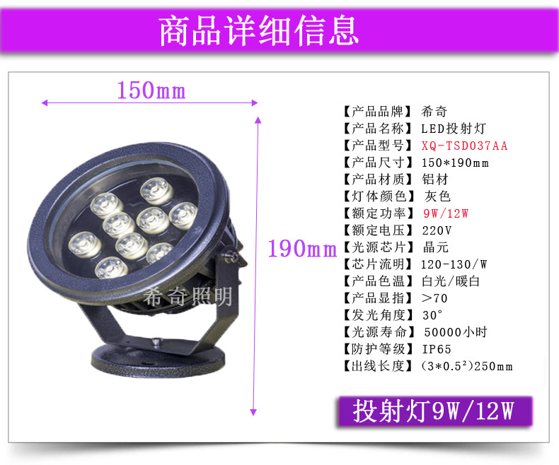 大功率led圆形投光灯圆形投射灯 室外灯防水广告 庭院泛光灯示例图13