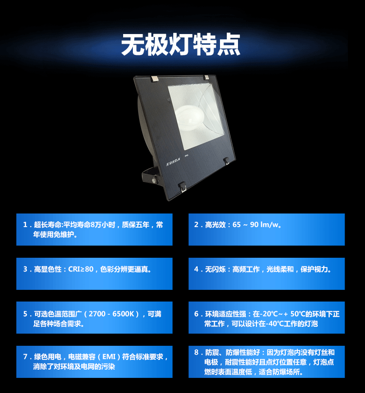 厚泽高频无极灯 100W 200W 300W工矿灯 户外大功率LED投光灯示例图21