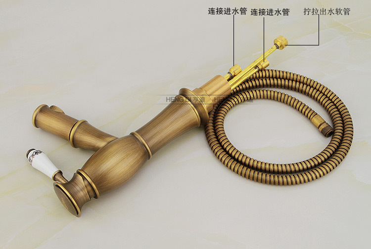 厂家批发仿古可抽拉式面盆全铜 洗脸盆洗头冷热水龙头 台下盆龙头示例图15