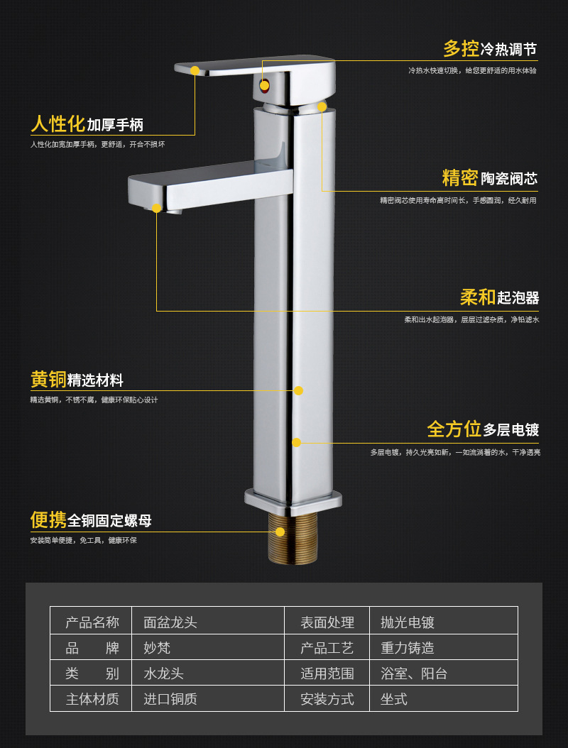 厂家直销 台上盆高四方单孔冷热水龙头 五金卫浴水暖批发示例图2