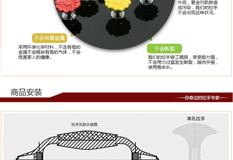 奥斯肯陶瓷拉手田园卡通野菊花橱柜抽屉黑色单孔圆形柜门把手美式示例图21