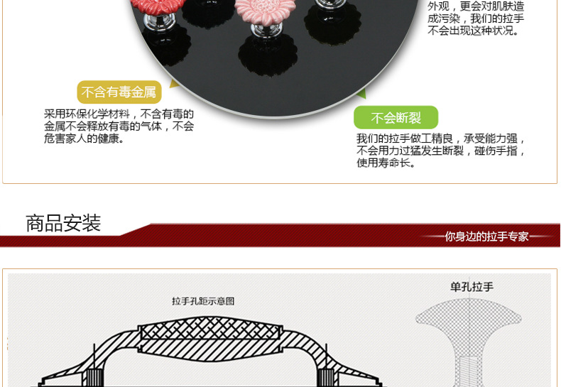 陶瓷拉手欧式风格田园太阳花圆形黑白单孔抽屉橱柜衣柜把手批发示例图8