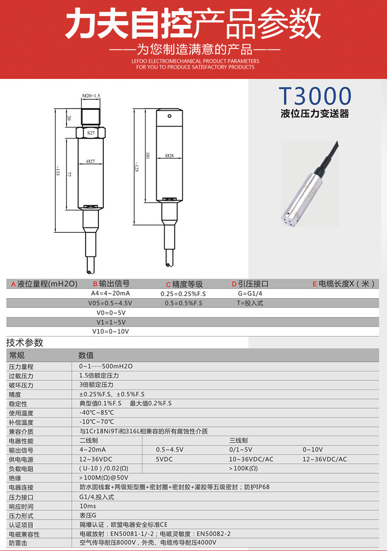 T3000液位压力变送器、传感器 投入式水位油箱液位计污水处理专用示例图5