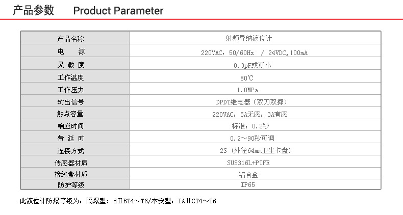 射频导纳液位计产品参数