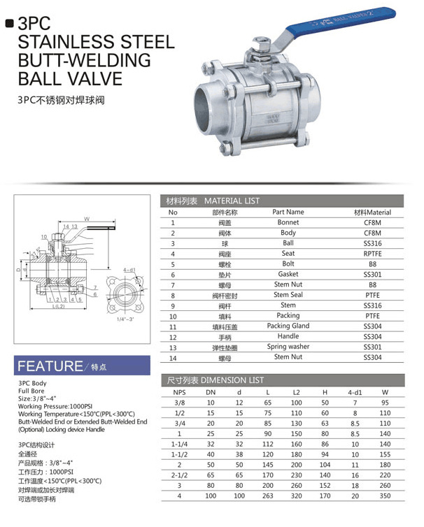 1000WOG三片式焊接直通球阀 不锈钢三片式直通球阀示例图19