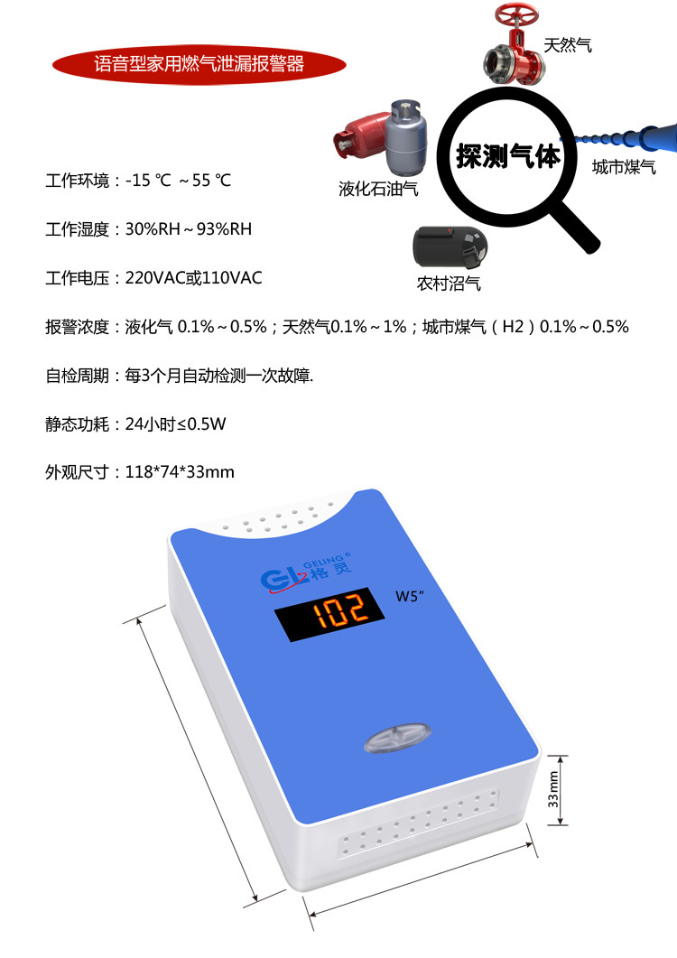 燃气报警器 燃气探测器家庭用 联带电磁阀壁挂式语音式示例图3