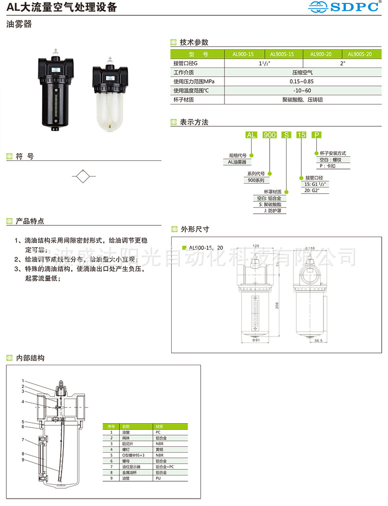 AL900 大流量油雾器 空气过滤减压阀 气动三联件 SDPC盛达气动示例图6