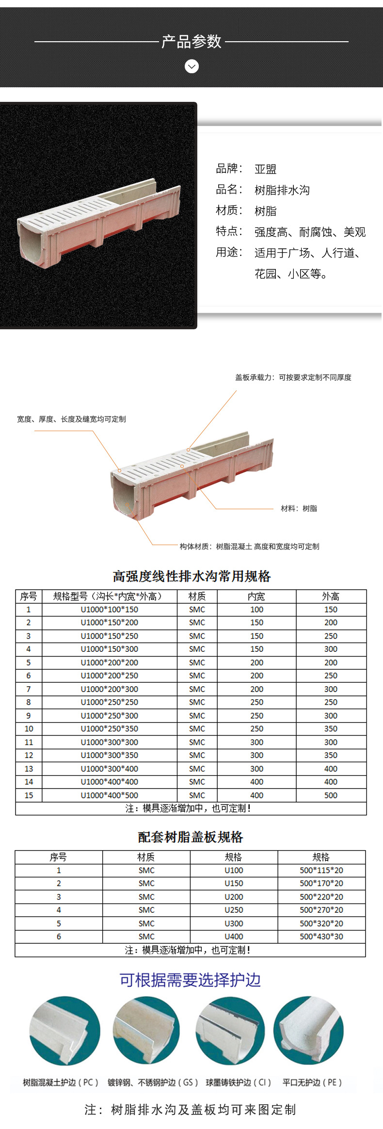 【树脂排水沟】厂家直销成品树脂排水沟U型树脂排水沟不锈钢水沟示例图3