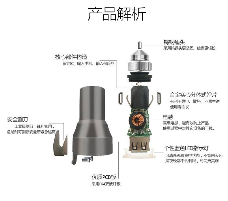 新款车充 手机双usb金属安全锤车充通用点烟器汽车充电器示例图31