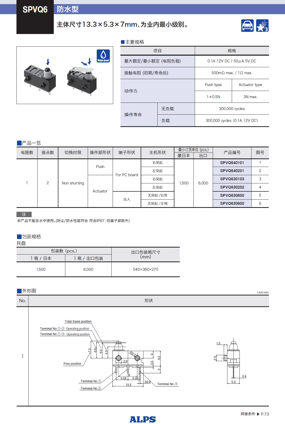 ALPS检测开关 SPVQ640101 IP67防水小型检测开关 ALPS一级代理示例图1