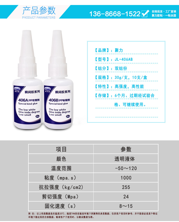 聚力JL-406PP塑料专用快干胶水 快速粘接聚丙烯PP瞬干胶厂家直销示例图7