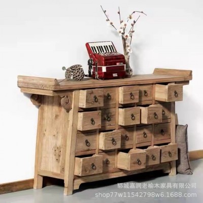 新中式老榆木茶水柜实木家具免漆置物柜风化榆木餐边柜禅意柜